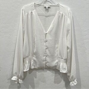 Topshop Peasant Top V Neck Smocked Button Cinched Waist Ruffle Sleeve Size 14 L